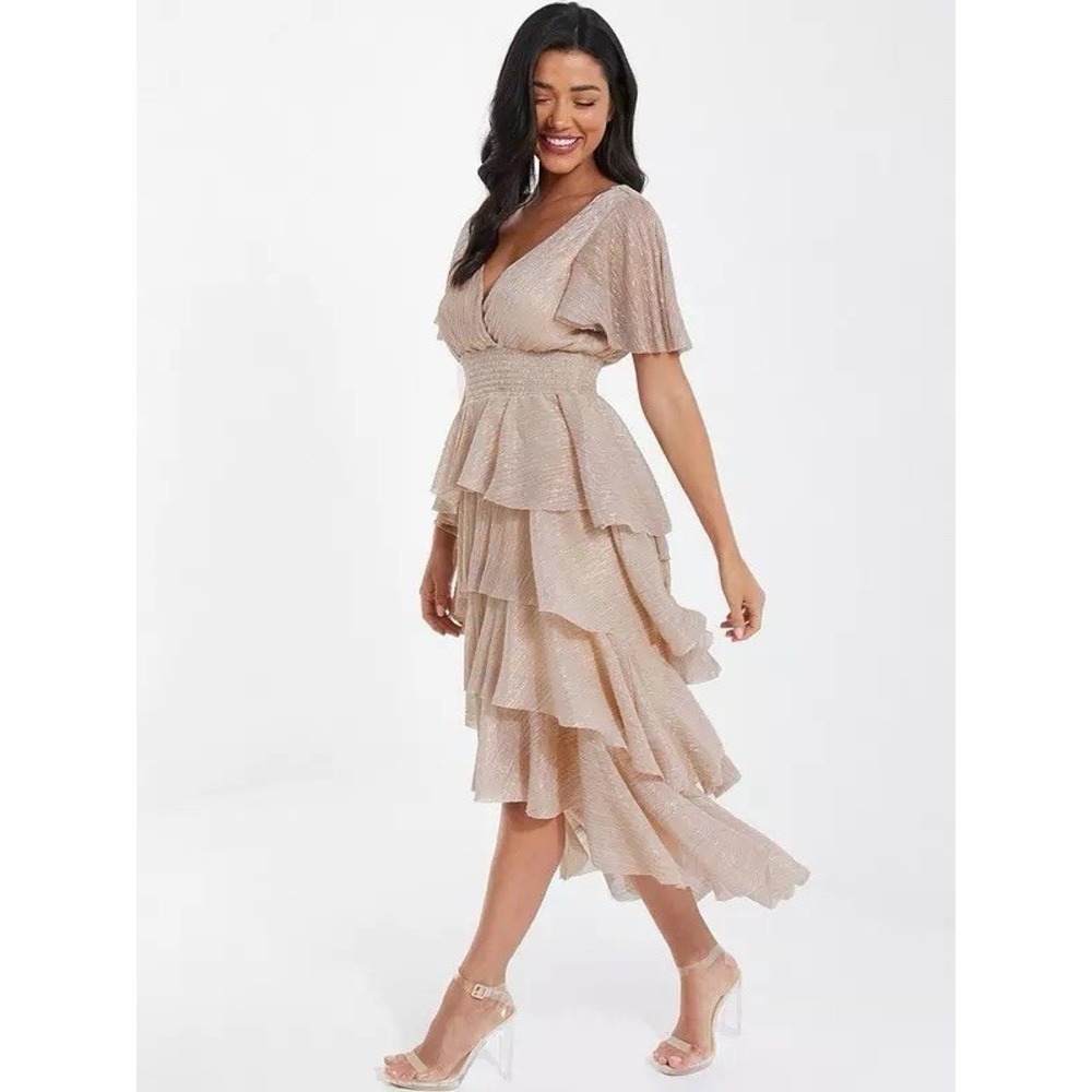 New Quiz Chiffon Glitter Tiered Midi Dress Cocktail Party Women's 8